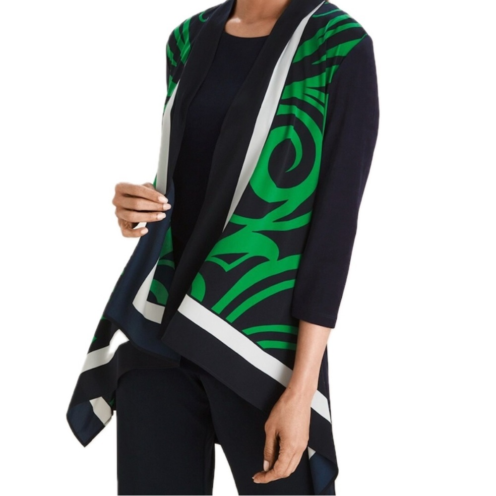 Chico's Black & Green Draped Open Front Jacket with White Trim